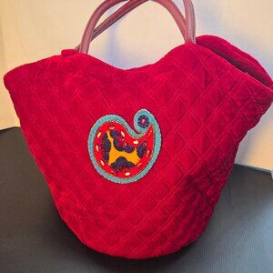 Red Velvet Quilted StatementTote Bag Boho Appliqué Shoulder Bag EUC